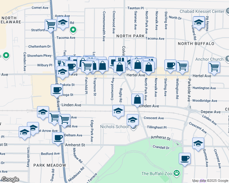 map of restaurants, bars, coffee shops, grocery stores, and more near 68 Crestwood Avenue in Buffalo