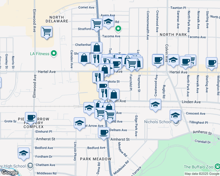 map of restaurants, bars, coffee shops, grocery stores, and more near 74 Dakota Street in Buffalo