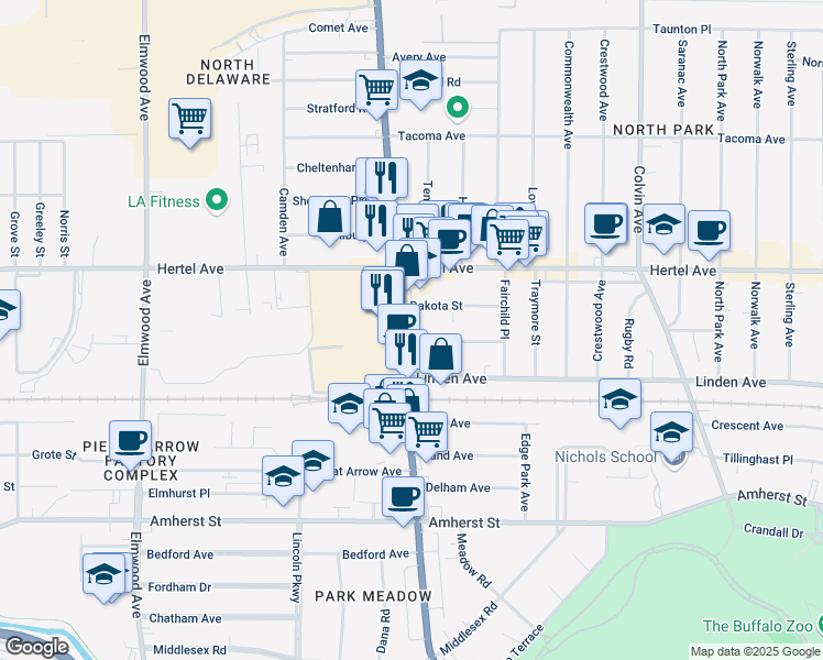 map of restaurants, bars, coffee shops, grocery stores, and more near 2300 Delaware Avenue in Buffalo