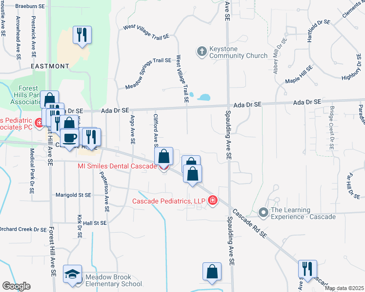 map of restaurants, bars, coffee shops, grocery stores, and more near 890 Byerly Avenue Southeast in Ada