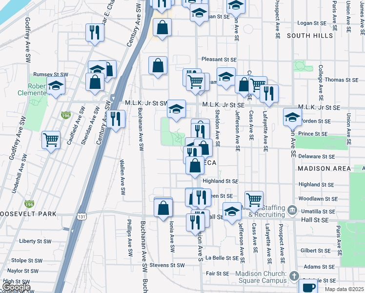 map of restaurants, bars, coffee shops, grocery stores, and more near 50 Antoine Street Southwest in Grand Rapids