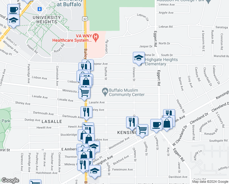 map of restaurants, bars, coffee shops, grocery stores, and more near 534 Minnesota Avenue in Buffalo