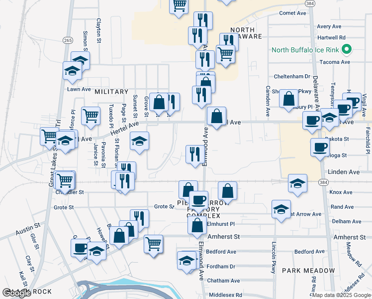 map of restaurants, bars, coffee shops, grocery stores, and more near 1800 Elmwood Avenue in Buffalo