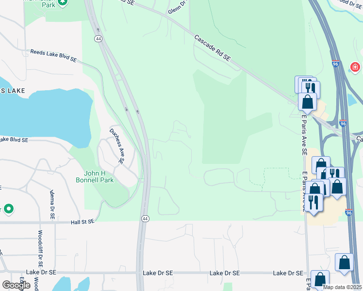 map of restaurants, bars, coffee shops, grocery stores, and more near 3599 Reeds Crossing Drive Southeast in Grand Rapids