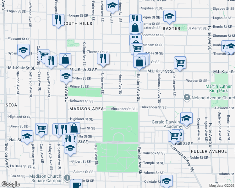 map of restaurants, bars, coffee shops, grocery stores, and more near 700 Prince Street Southeast in Grand Rapids