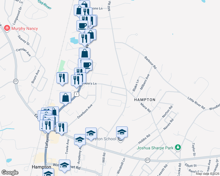map of restaurants, bars, coffee shops, grocery stores, and more near 52 Ann's Lane in Hampton