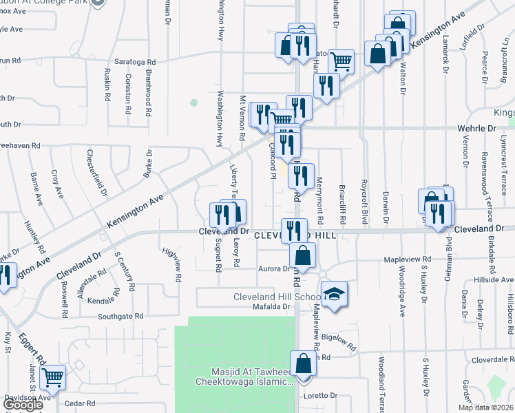 map of restaurants, bars, coffee shops, grocery stores, and more near 54 Concord Place in Buffalo
