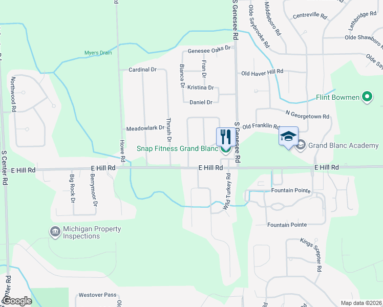 map of restaurants, bars, coffee shops, grocery stores, and more near 5522 Liberty Bell Road in Grand Blanc