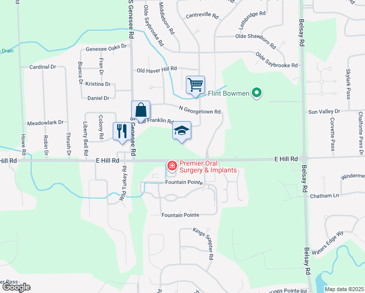 map of restaurants, bars, coffee shops, grocery stores, and more near 5135 East Hill Road in Grand Blanc