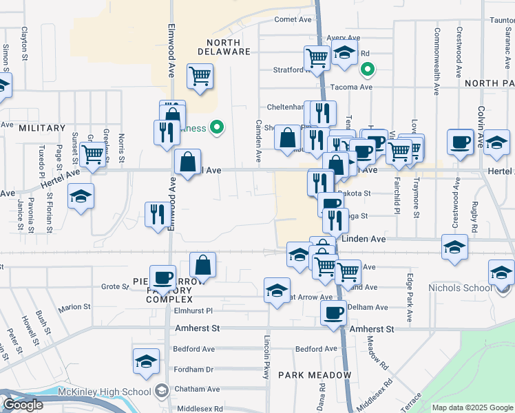 map of restaurants, bars, coffee shops, grocery stores, and more near 93 Rosalia Street in Buffalo