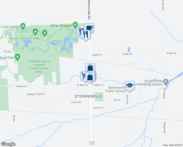 map of restaurants, bars, coffee shops, grocery stores, and more near 2612 Stevensville Road in Fort Erie