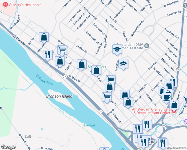 map of restaurants, bars, coffee shops, grocery stores, and more near 195 Guy Park Avenue in Amsterdam
