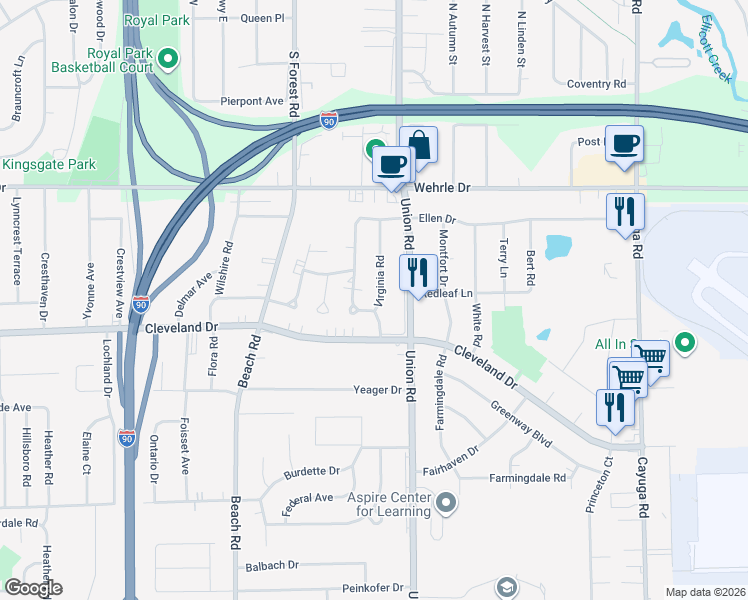 map of restaurants, bars, coffee shops, grocery stores, and more near 44 Virginia Road in Buffalo