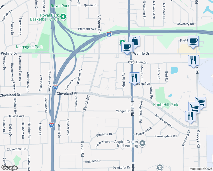 map of restaurants, bars, coffee shops, grocery stores, and more near 29 Jean Terrace in Buffalo