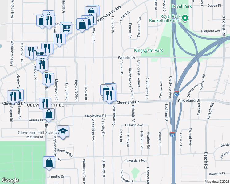 map of restaurants, bars, coffee shops, grocery stores, and more near 4 Vernon Drive in Buffalo