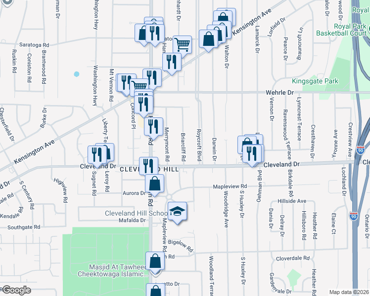 map of restaurants, bars, coffee shops, grocery stores, and more near 114 Briarcliff Road in Buffalo