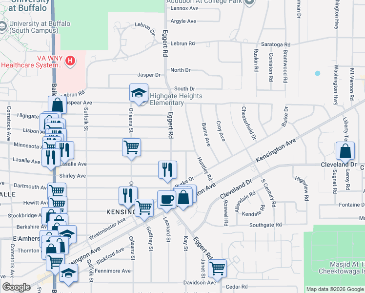 map of restaurants, bars, coffee shops, grocery stores, and more near 116 Huntley Road in Buffalo