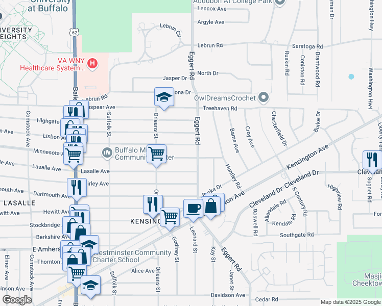 map of restaurants, bars, coffee shops, grocery stores, and more near 655 Lisbon Avenue in Buffalo