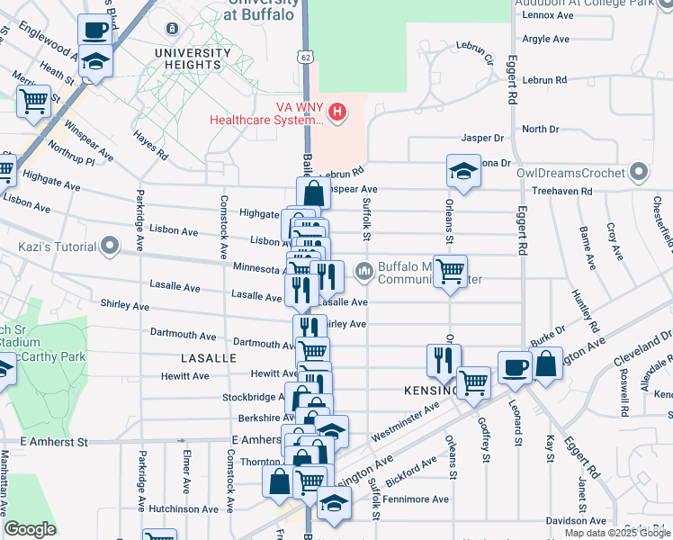 map of restaurants, bars, coffee shops, grocery stores, and more near 417 Lisbon Avenue in Buffalo
