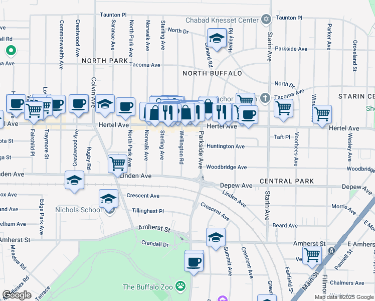 map of restaurants, bars, coffee shops, grocery stores, and more near 612 Parkside Avenue in Buffalo