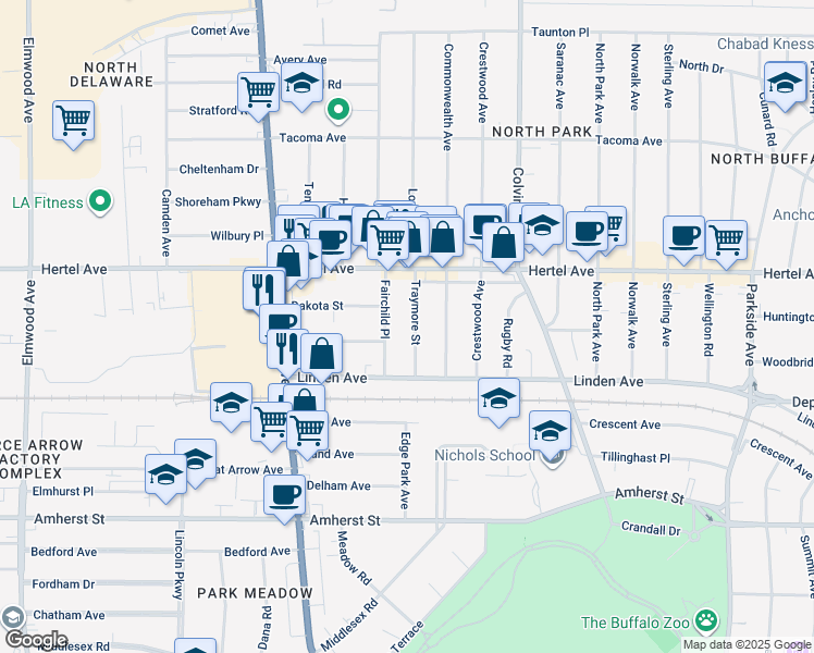 map of restaurants, bars, coffee shops, grocery stores, and more near 69 Fairchild Place in Buffalo