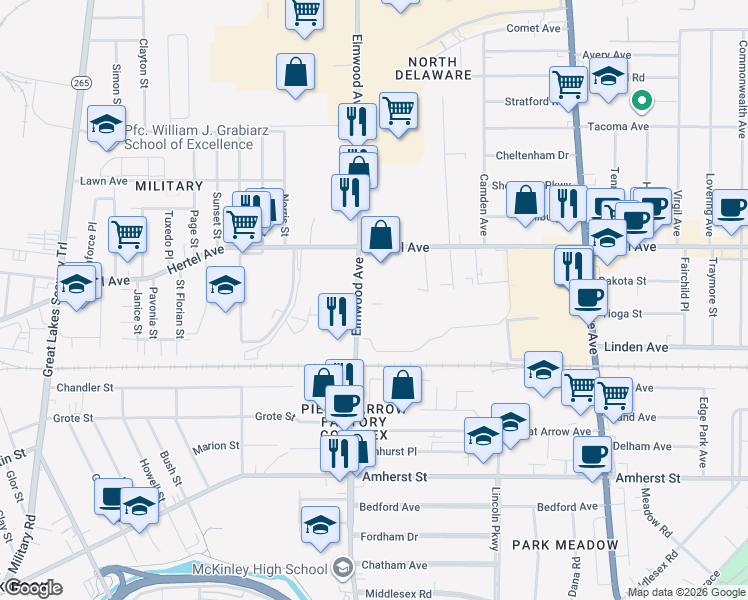 map of restaurants, bars, coffee shops, grocery stores, and more near 1807 Elmwood Avenue in Buffalo
