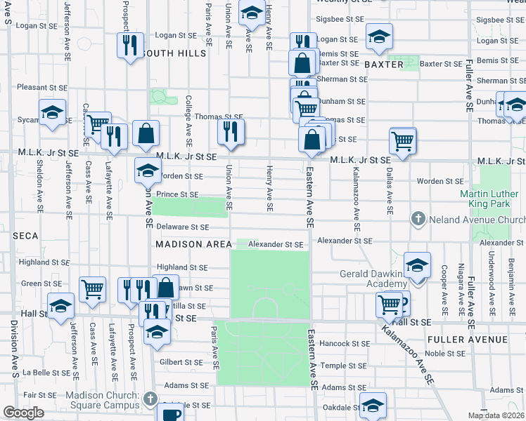 map of restaurants, bars, coffee shops, grocery stores, and more near 700 Prince Street Southeast in Grand Rapids