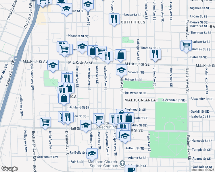 map of restaurants, bars, coffee shops, grocery stores, and more near 938 Lafayette Avenue Southeast in Grand Rapids