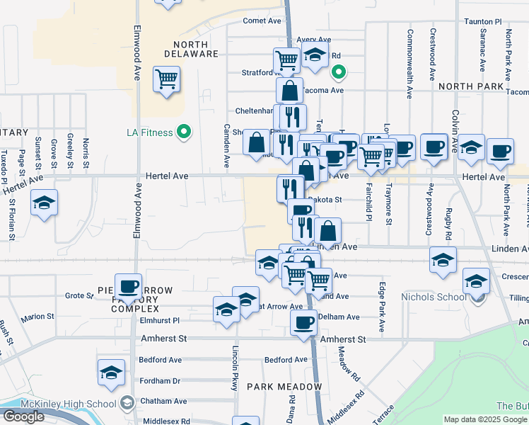 map of restaurants, bars, coffee shops, grocery stores, and more near 1025 Hertel Ave in Buffalo
