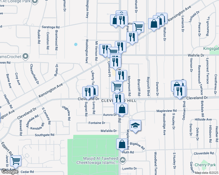 map of restaurants, bars, coffee shops, grocery stores, and more near 37 Concord Drive in Cheektowaga