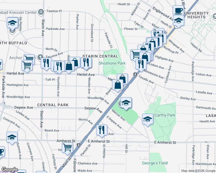 map of restaurants, bars, coffee shops, grocery stores, and more near 53 Huntington Avenue in Buffalo
