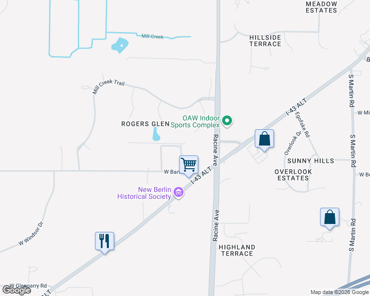 map of restaurants, bars, coffee shops, grocery stores, and more near 5404 South 199th Street in New Berlin