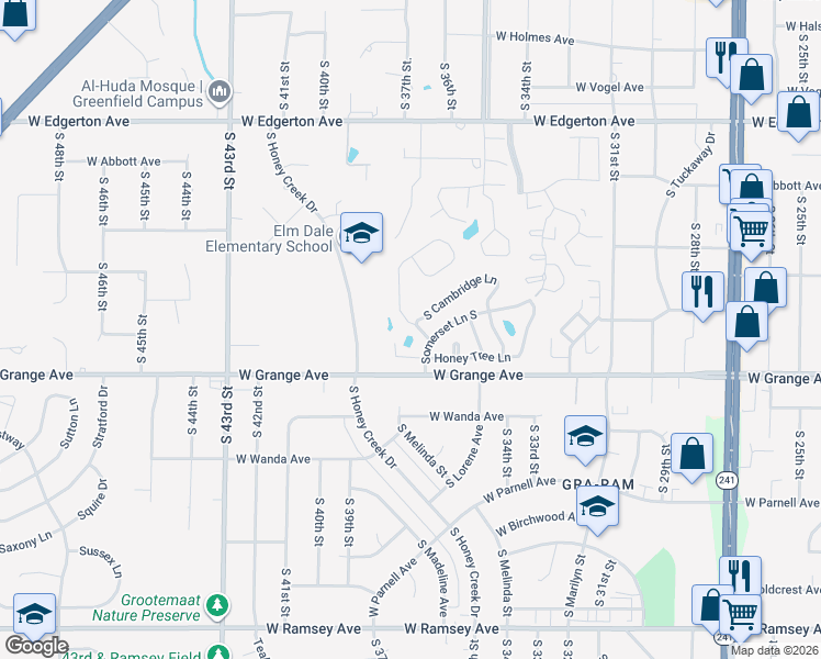 map of restaurants, bars, coffee shops, grocery stores, and more near 5421 South Butterfield Way in Greenfield