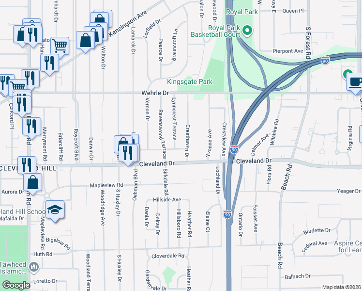 map of restaurants, bars, coffee shops, grocery stores, and more near 15 Lynncrest Terrace in Buffalo