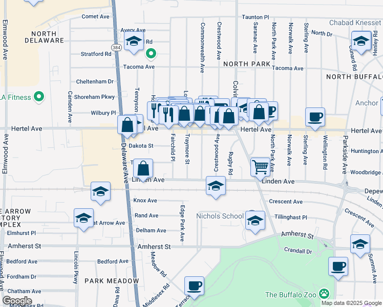 map of restaurants, bars, coffee shops, grocery stores, and more near 67 Traymore Street in Buffalo