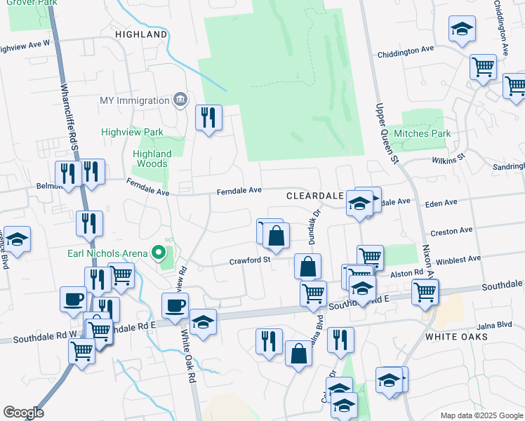 map of restaurants, bars, coffee shops, grocery stores, and more near 44 Golfview Crescent in London