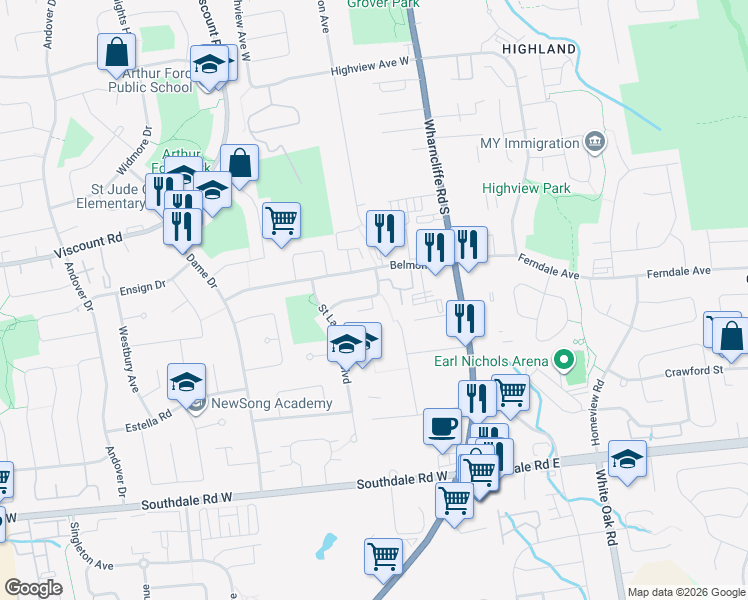 map of restaurants, bars, coffee shops, grocery stores, and more near 20 Hillsborough Road in London
