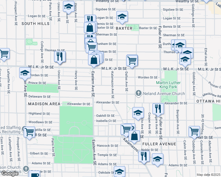 map of restaurants, bars, coffee shops, grocery stores, and more near 854 Prince Street Southeast in Grand Rapids