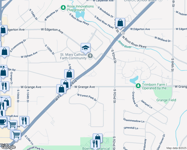 map of restaurants, bars, coffee shops, grocery stores, and more near 9521 West Forest Home Avenue in Hales Corners