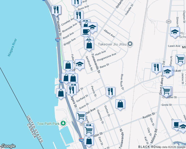 map of restaurants, bars, coffee shops, grocery stores, and more near 638 Tonawanda Street in Buffalo
