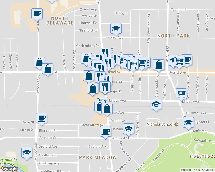 map of restaurants, bars, coffee shops, grocery stores, and more near 2281 Delaware Avenue in Buffalo