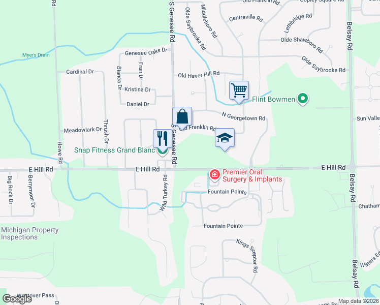 map of restaurants, bars, coffee shops, grocery stores, and more near 5555 South Genesee Road in Grand Blanc
