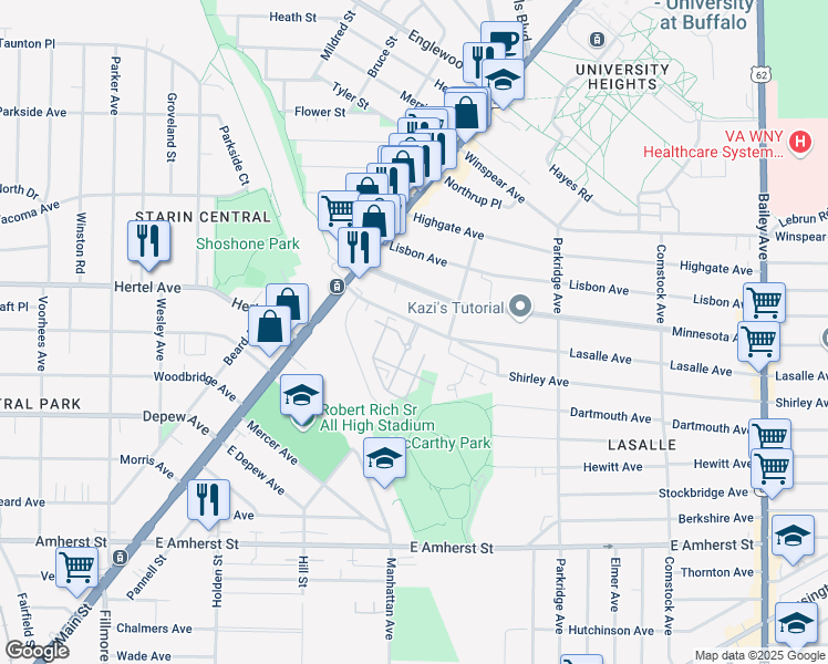 map of restaurants, bars, coffee shops, grocery stores, and more near 89 Lasalle Avenue in Buffalo