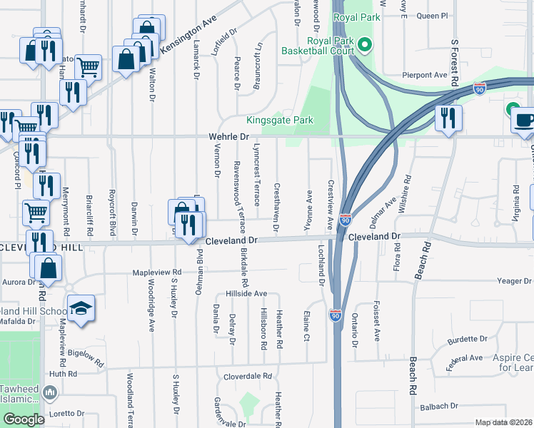 map of restaurants, bars, coffee shops, grocery stores, and more near 15 Lynncrest Terrace in Buffalo