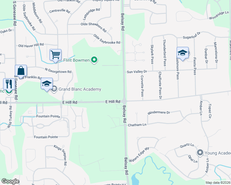 map of restaurants, bars, coffee shops, grocery stores, and more near 5363 East Hill Road in Grand Blanc