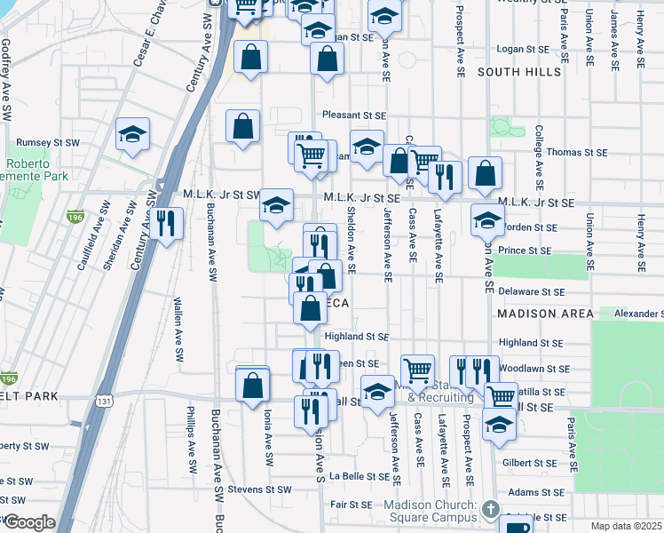 map of restaurants, bars, coffee shops, grocery stores, and more near 19 Delaware Street Southeast in Grand Rapids