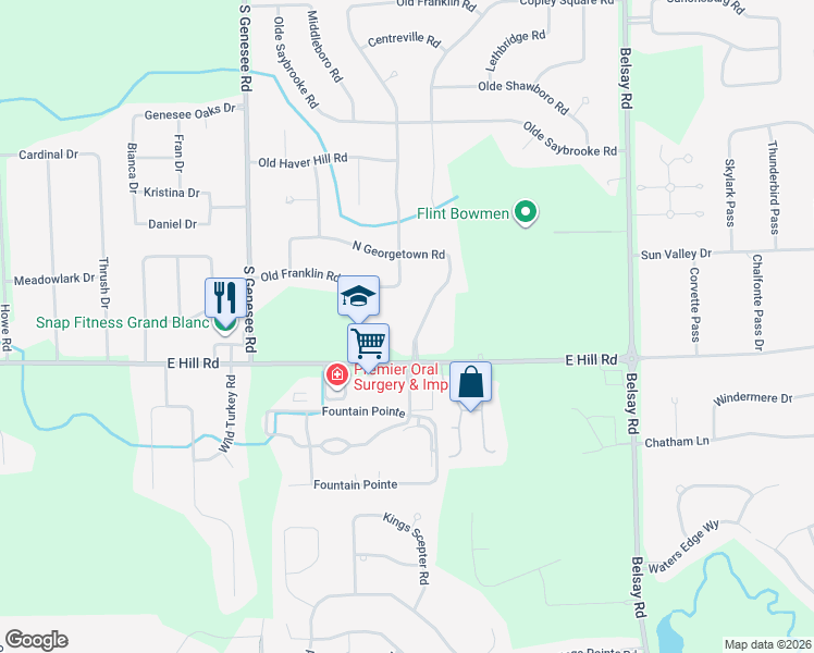 map of restaurants, bars, coffee shops, grocery stores, and more near 5358 North Georgetown Road in Grand Blanc