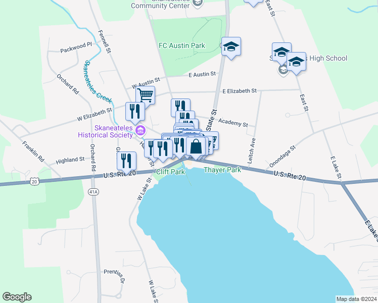 map of restaurants, bars, coffee shops, grocery stores, and more near 6 Jordan Street in Skaneateles