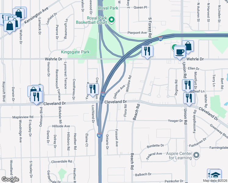 map of restaurants, bars, coffee shops, grocery stores, and more near 32 Delmar Avenue in Buffalo