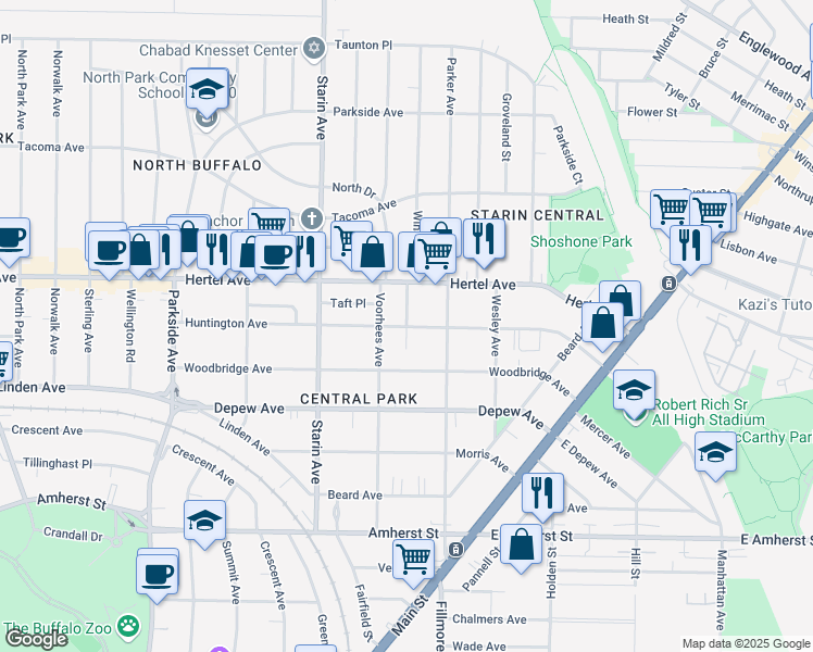 map of restaurants, bars, coffee shops, grocery stores, and more near 221 Huntington Avenue in Buffalo